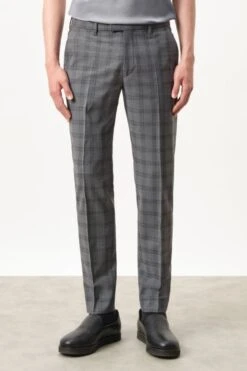 Klassische Slim Fit Hose Aus Woll-Check Grau