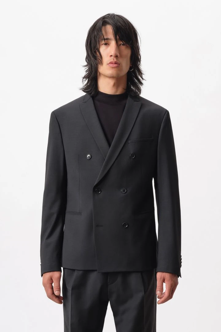 Doppelreihiges Skinny Fit Sakko In Bi-Stretch Wolle Schwarz 3 Doppelreihiges Skinny Fit Sakko In Bi-Stretch Wolle Schwarz