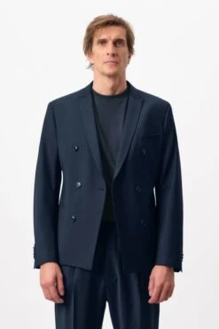 Doppelreihiges Skinny Fit Sakko In Bi-Stretch Wolle Blau