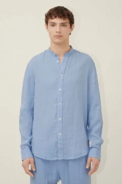 Hemd Mit Stehkragen Aus Reinem Leinen Blau