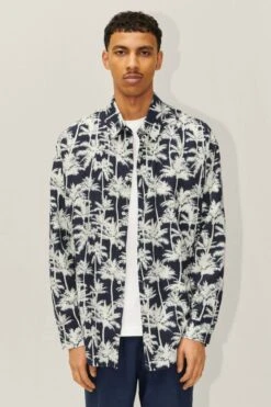 Oversized Hemd Mit All-Over Palmen-Print Blau