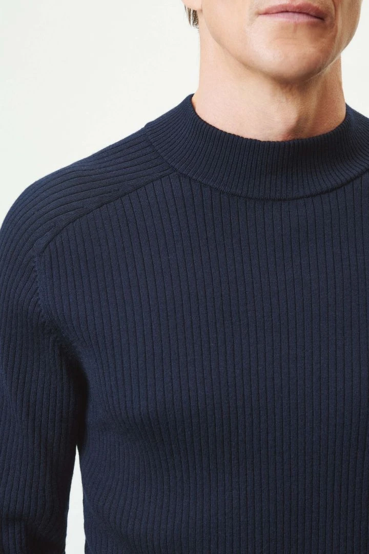 Raglan Pullover Mit Stehkragen In Gestrickter Milano Rippe Blau - Image 5