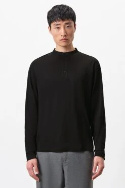 DRYKORN Serafino Longsleeve Mit Langer Knopfleiste In Piqué Schwarz